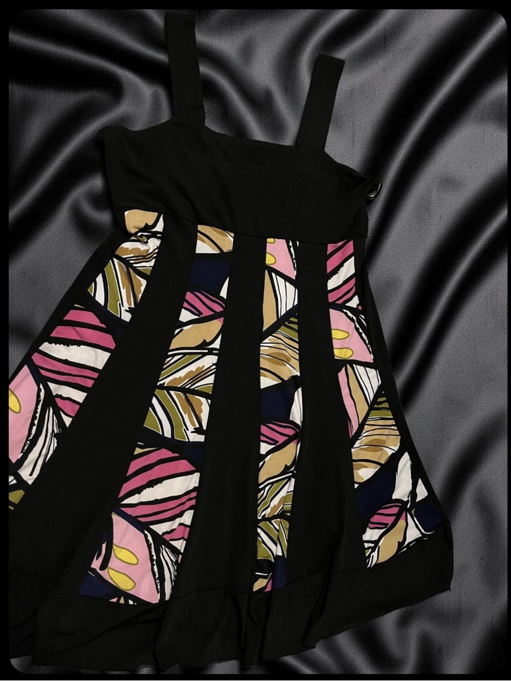 Plus size Black Midi Sleeveless Dress with Pink and Yellow abstract Panels - Picture 4 of 8